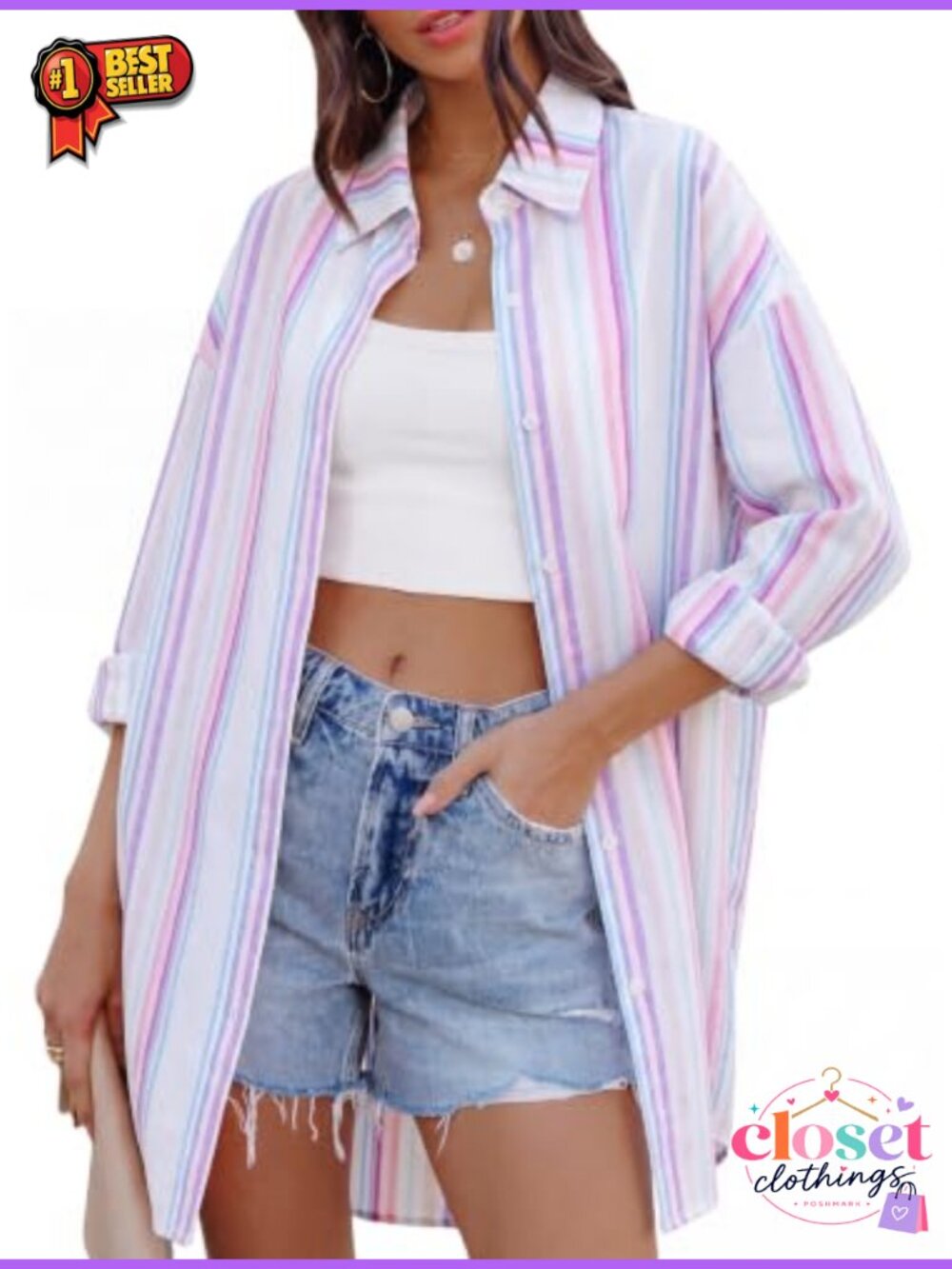 Womens Oversized Button Down Shirt Loose Long Sleeve Blouse with Pockets